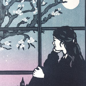 Linocut First night of spring. Linogravure Première nuit du printemps. Hand printed.