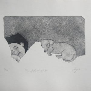 Peaceful night print. Intaglio on Tetra Pak. Tetra Pak print. Dog print