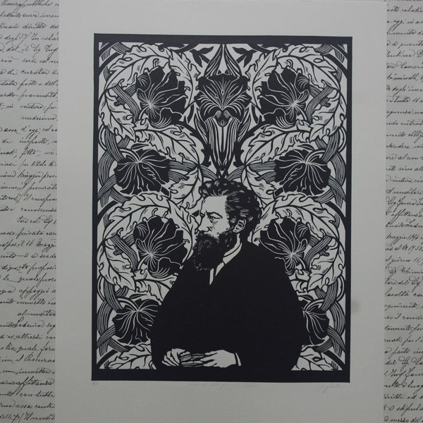 Linocut "Love is enough-William Morris". Linocut. Hand printed. Handmade.