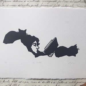 Linoleografia "La Vigilia". Linoleografia stampata a mano. Stampa a mano. Stampa di gatto.