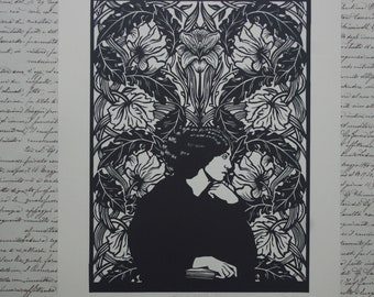 Linocut "Love is enough-Jane Morris". Hand printed. Linogravure fait main