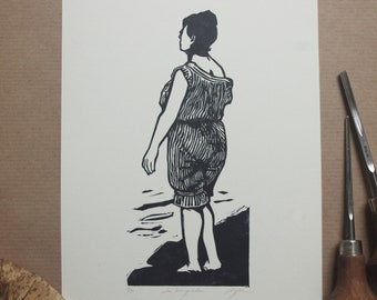 Swimming. Linocut. Hand printed. Linocut hand printed.