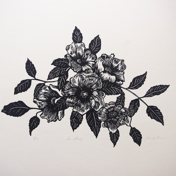 Linogravure Les Fleurs. Imprimée à la main. Linocut hand printed. Flowers. Vegetal art