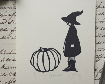 Linocut The big pumpkin. Hand printed. Hand printed linocut. Halloween. Witch. Witch