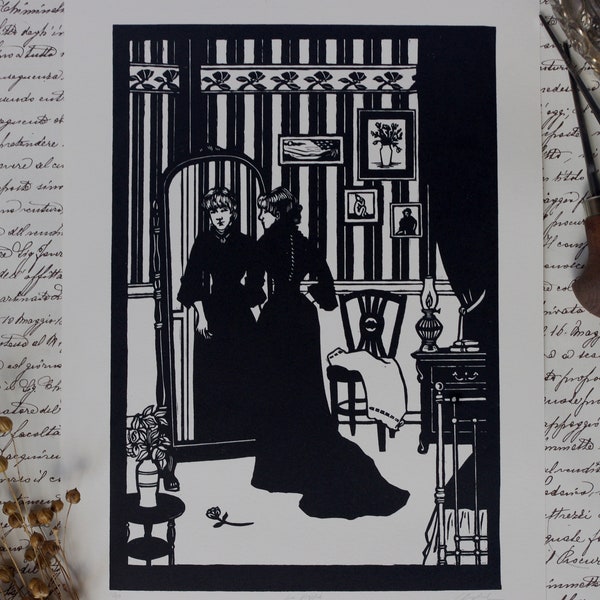 La psyché. Linogravure imprimée à la main. Linocut hand printed. 1900. Belle époque.