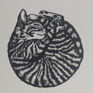 Linocut Tabby Kitten. Hand printed. Hand printed linocut. Cat. cat