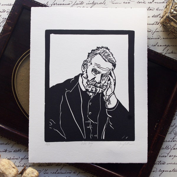 Victor Hugo. Hand printed linocut. Linocut. Romantic writer. Author of Notre Dame de Paris and Les Miserables.