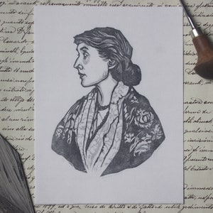 Linocut Virginia Woolf. Hand printed. Linogravure imprimée à la main