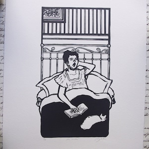 Original linocut print: Bedtime. Hand-printed and engraved linocut.