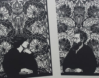 PACK love is enough William and Jane Morris. Set of two engravings. Bundle of two linocuts. Pack of 2