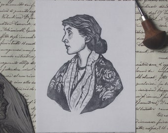 Linolschnitt Virginia Woolf. Handgedruckt. Handbedruckter Linolschnitt