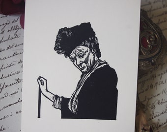 Handbedruckter Linolschnitt von Violet Crawley. Postkartenformat. Linolschnitt handbedruckt. Postkartengröße. Abtei in der Innenstadt