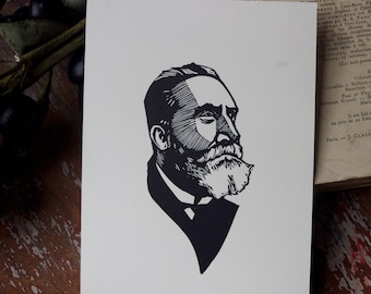 Linocut Jean Jaurès. Postcard format. Linocut. Hand printed. Hand printed.