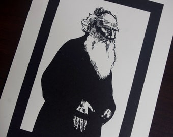 Linogravure Tolstoy. Hand-printed. Mr. Tolstoy. Linocut hand printed