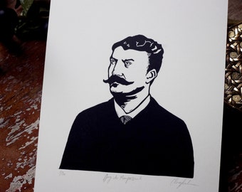 Linocut Guy de Maupassant. Handmade. Linocut hand printed