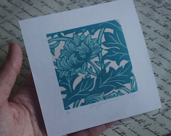 Linocut/linocut "Chrysanthemum". Color print. Flowers. William Morris inspired. Pattern