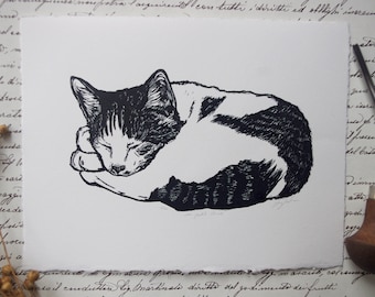 Le petit chat. Linogravure gravée et imprimée à la main. Linocut hand printed. Cat. Kitten.