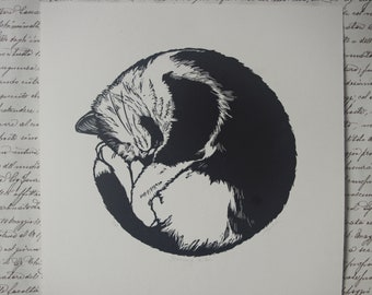 Linocut Dreaming Kiki. Linocut. Hand printed. Engraved and printed by hand.