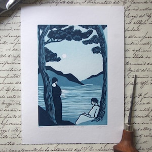 Linoprint "The Last Summer Night". Hand-printed linocut.