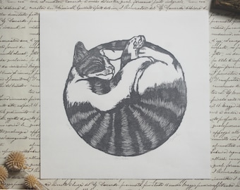 The tomcat (colors/colors). Hand printed linocut. Linocut hand printed. Cat. Cat.