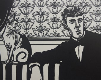 Linocutprint Aubrey Beardsley. Linocut. Handmade. Hand printed. Victorian