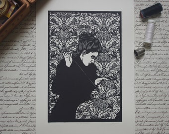 Linocutprint "The embroiderer". Hand printed linocut. Hand printed linocut.