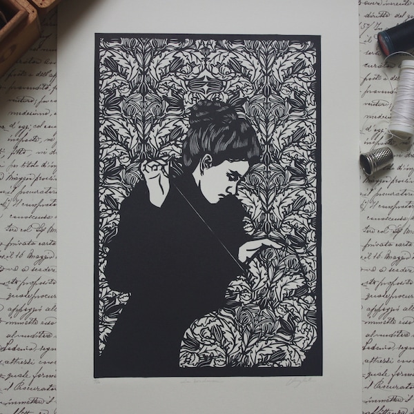 Linocutprint "La brodeuse". Linogravure imprimée à la main. Hand printed linocut.