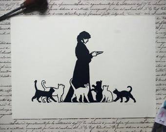Lámina de gatos "Gatos libres". Linograbado a mano.