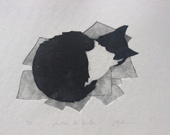 Estampe pointe sèche Tetrapak. Le tas de papier. Cat print. Tetrapak print.