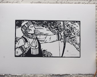 L'Archère. linogravure faite main. Linocut Hand Made.