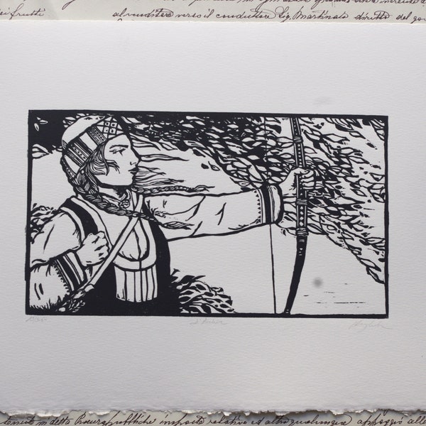 L'Archère. linogravure faite main. Linocut Hand Made.