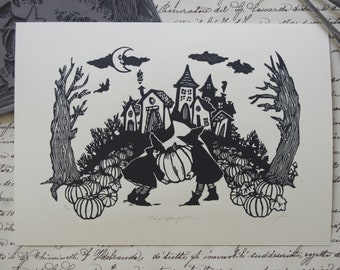 Linocut The pumpkin patch. Hand printed linocut. Hand printed linocut. Halloween. Witch