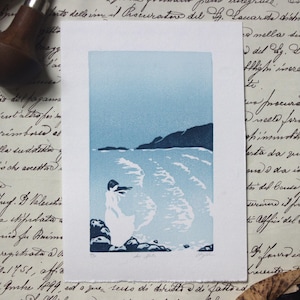 Linocut Les Flots. Linocut. Hand printed. Handmade.