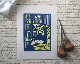 Linocut Sleeping woman. Handmade. Hand printed.