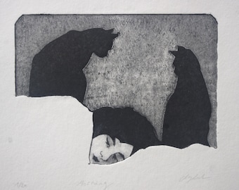 Estampado matutino. Grabado en Tetra Pak. Estampado en Tetra Pak. Estampado de gato.