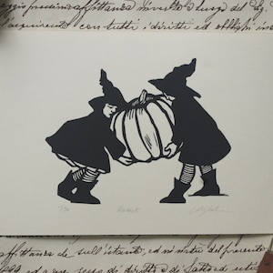 Linocut Harvest. Hand printed. Hand printed linocut. Halloween