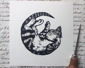 Cozy Kitty Linocut. Hand printed. Cat print