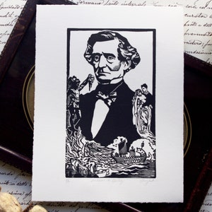 The Visions of Berlioz. Hand-printed linocut. Hector Berlioz. Classical music composer. Romanticism. Opera.