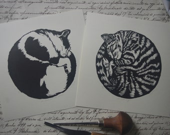 Linocutprints Bundle Cats. The tabby cat and the black and white cat. Hand printed linocuts.