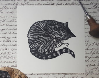 Linogravure Le minet. Cat print. Hand made. Original art