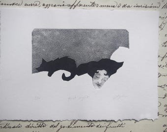 Estampe Quiet night. Taille douce sur tetrapak. Tetrapak print. Cat print