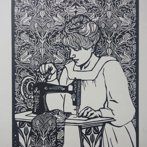 Linoprint The seamstress. Linogravure imprimée à la main. Hand printed print