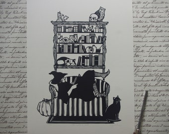 Linoprint The witch's nook. The witch's corner. Hand printed. Hand printed. Halloween