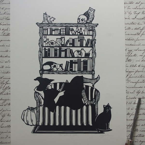 Linoprint The witch's nook. Le coin de la sorcière. Hand printed. Imprimée à la main. Halloween