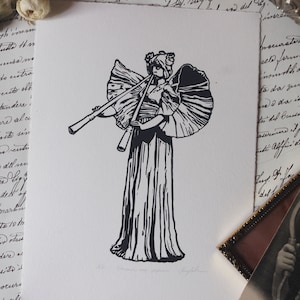 Pipe dancer. Hand-printed linocut. Belle époque 1900
