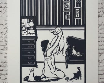 Linocut &quot;Chahut&quot;. Hand-printed linocut print. Hand-printed. Cat print. Cat