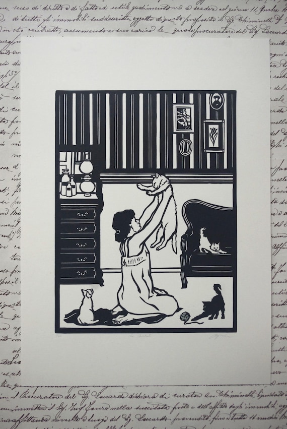 Linogravure "Chahut". Hand printed linocutprint. Imprimée à la main. Cat print. Chat