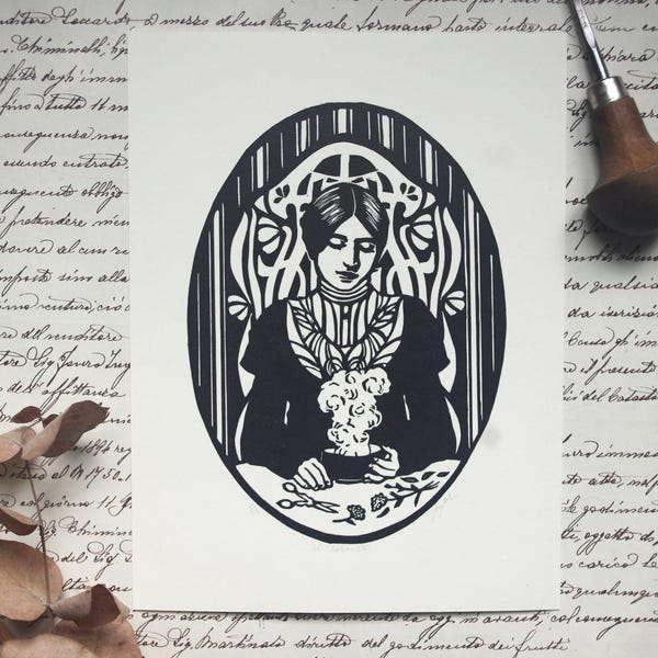 Linocut The Herbalist, linocut, hand printed.
