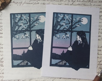 Linocut First night of spring. Linogravure Première nuit du printemps. Hand printed.