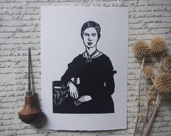 Linocut Emily Dickinson. Hand Made. Hand printed linocut.